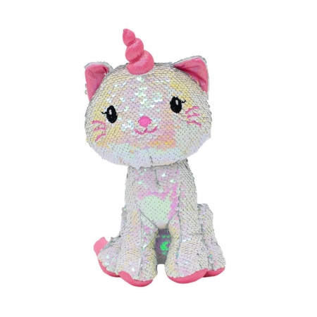 Gato UnicÃ³rnio Lantejoulas Rosa Prateado 28cm - PelÃºcia ampliada