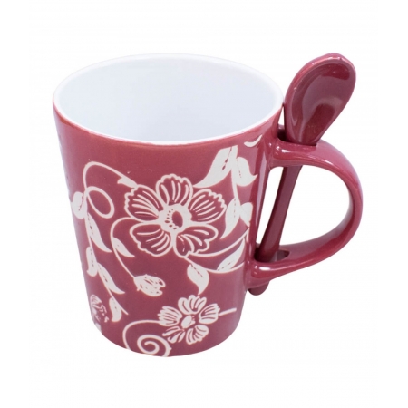 Caneca Porcelana Vermelha Colher Flores 360ml ampliada