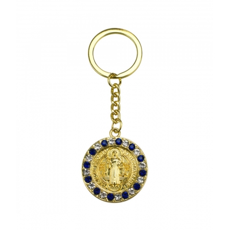 Chaveiro MedalhÃ£o SÃ£o Bento Dourado Pedras Azul 3.5cm ampliada
