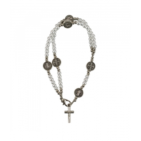Pulseira TerÃ§o Contas Brancas 0.5cm Crucifixo 7.5cm ampliada