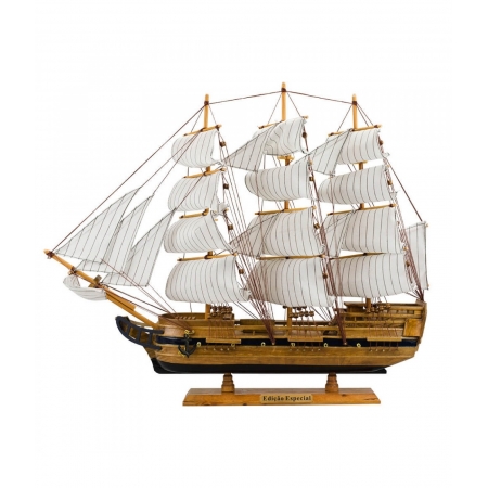 Miniatura Barco Navio Veleiro Madeira Base Preto CanhÃ£o 47x10x57cm ampliada