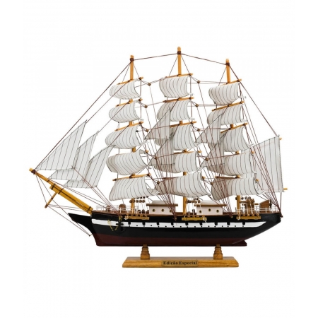 Miniatura Barco Navio Veleiro Madeira Casco Preto Base Marrom 47x10x57cm ampliada