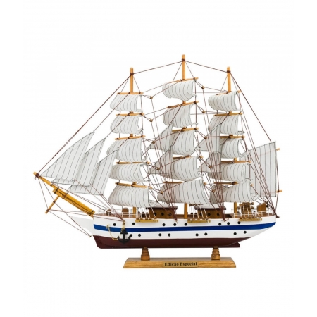 Miniatura Barco Navio Veleiro Madeira Casco Branco Base Marrom 47x10x57cm ampliada