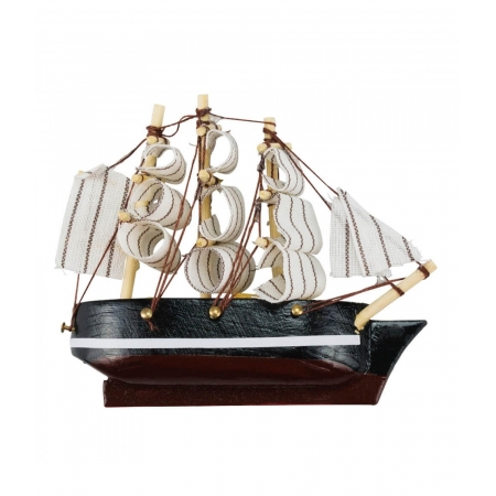 Miniatura ÃmÃ£ Barco Navio Veleiro Casco Preto Base Marrom Direita 8x1.5x9.5cm ampliada