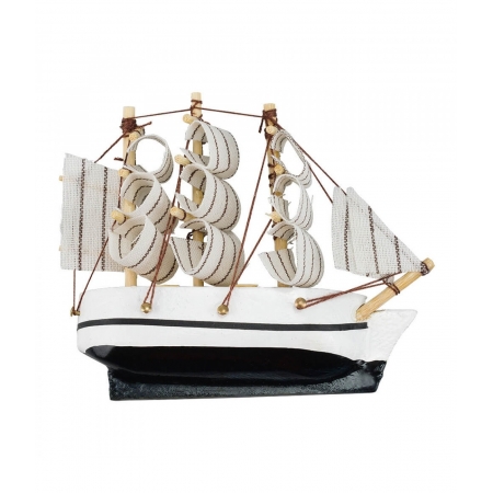 Miniatura ÃmÃ£ Barco Navio Veleiro Casco Branco Base Preta Direita 8x1.5x9.5cm ampliada