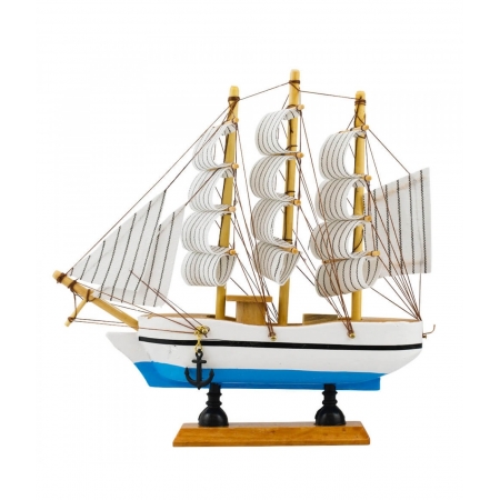 Miniatura Barco Navio Veleiro Madeira Casco Branco Base Azul 19.5x4x20cm ampliada