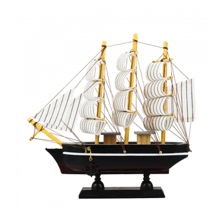 Miniatura Barco Navio Veleiro Madeira Casco Preto Base Marrom 19.5x4x20cm ampliada