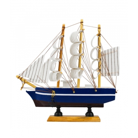 Miniatura Barco Navio Veleiro Madeira Casco Azul Base Marrom 19.5x4x20cm ampliada