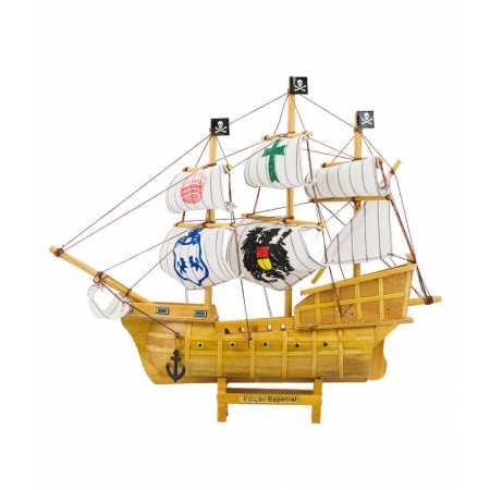 Miniatura Barco Navio Veleiro Madeira Escudos Vela CanhÃ£o Pirata 28.5x7x33cm ampliada