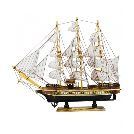 Miniatura Barco Navio Veleiro Madeira Casco Preto CanhÃµes 37.5x7x44cm ampliada