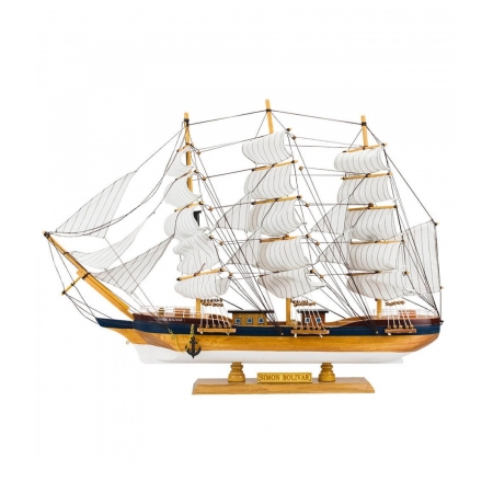 Miniatura Barco Navio Veleiro Madeira Base Branca Janelas Simon Bolivar 48x10x67cm ampliada