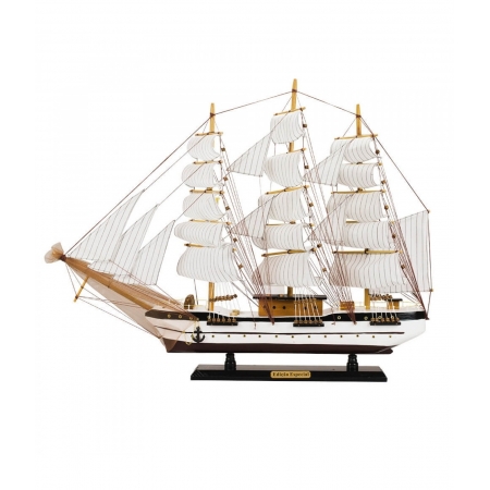 Miniatura Barco Navio Veleiro Madeira Casco Branco Base Marrom Redes 61x11x78cm ampliada