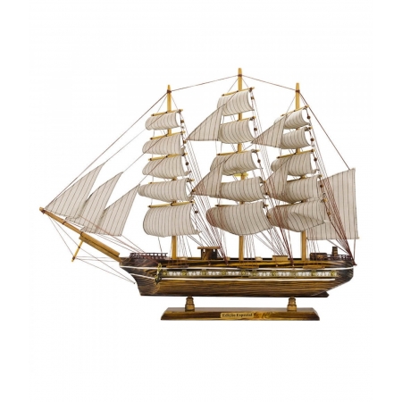 Miniatura Barco Navio Veleiro Casco Madeira CanhÃµes 61x11x78cm ampliada