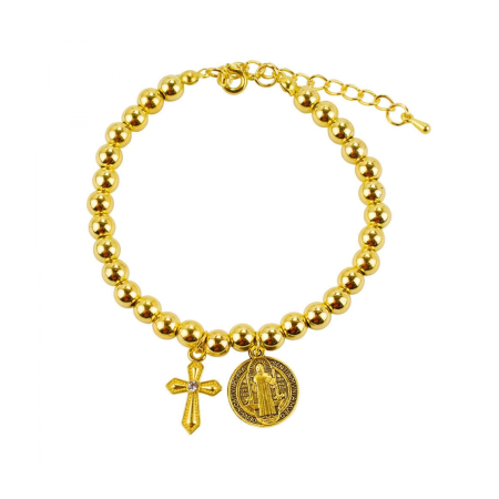 Pulseira TerÃ§o Contas Douradas SÃ£o Bento e Crucifixo ampliada