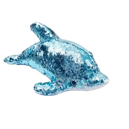 Golfinho de pelúcia com pele de lantejoula azul ampliada