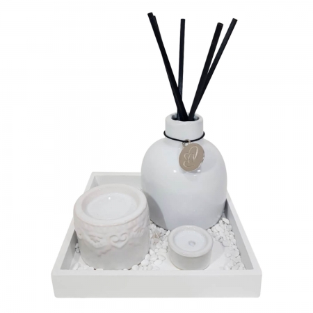  Enfeite Decorativo De Porcelana Kit Zen Branco com Difusor de Aromas ampliada