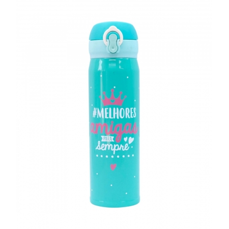 Garrafa Tï¿½rmica com tampa rosa 400ml Melhores amigas verde agua ampliada