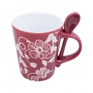 Caneca Porcelana Vermelha Colher Flores 360ml