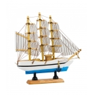 Miniatura Barco Navio Veleiro Madeira Casco Branco Base Azul 19.5x4x20cm