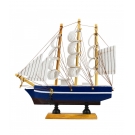 Miniatura Barco Navio Veleiro Madeira Casco Azul Base Marrom 19.5x4x20cm