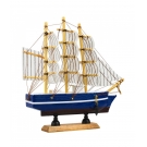 Miniatura Barco Navio Veleiro Madeira Casco Azul Base Marrom 19.5x4x20cm