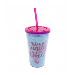 Copo Azul Com Canudo Meu Mundo Ã VocÃª 450ml - Projeto Kiwi