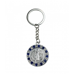 Chaveiro MedalhÃ£o SÃ£o Bento Prateado Pedras Azul 3.5cm
