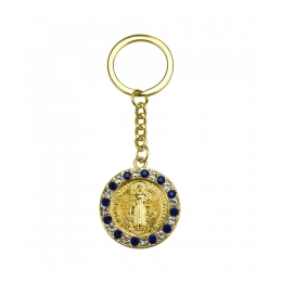 Chaveiro MedalhÃ£o SÃ£o Bento Dourado Pedras Azul 3.5cm