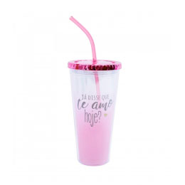 Copo Rosa com Canudo Te Amo 600ml 