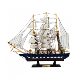 Miniatura Barco Navio Veleiro Madeira Casco Azul Base Marrom Janelas 37.5x7x44cm