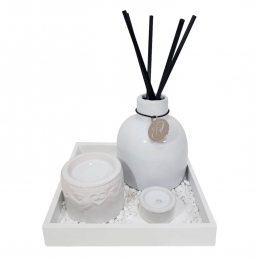  Enfeite Decorativo De Porcelana Kit Zen Branco com Difusor de Aromas